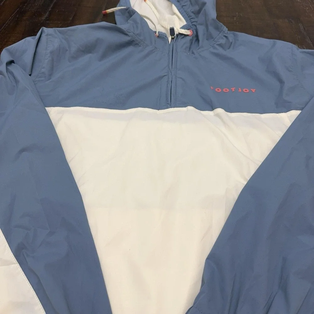 FootJoy Tempo Series Jacket Mens 2XL Blue White 1/4 Zip Hooded Golf Windbreaker